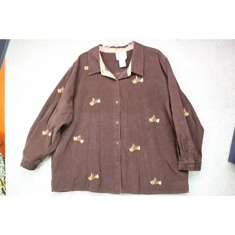 Quaker Factory Long Sleeve Button Up Corduroy Top-3X-Embroidered-Beaded